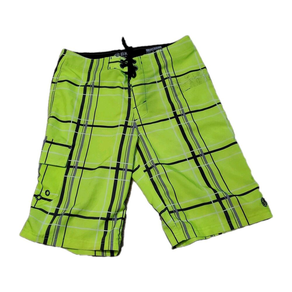 Buckle BKE Sport Men's Size 30 Board Shorts Slim Fit Neon Yellow Plaid